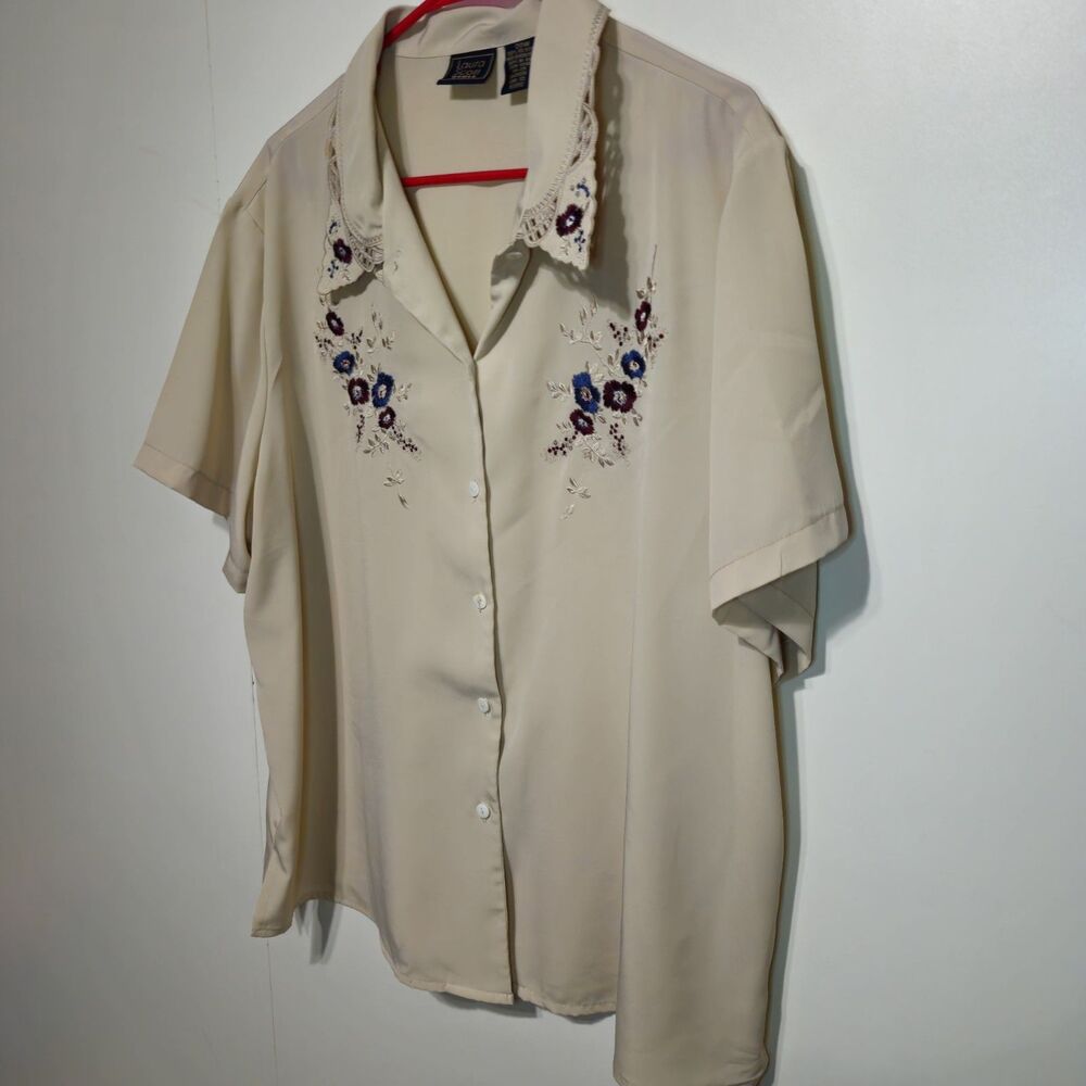 Vintage Laura Scott Blouse 20W Embroidered Floral Button Front Beige Top - Picture 2 of 9
